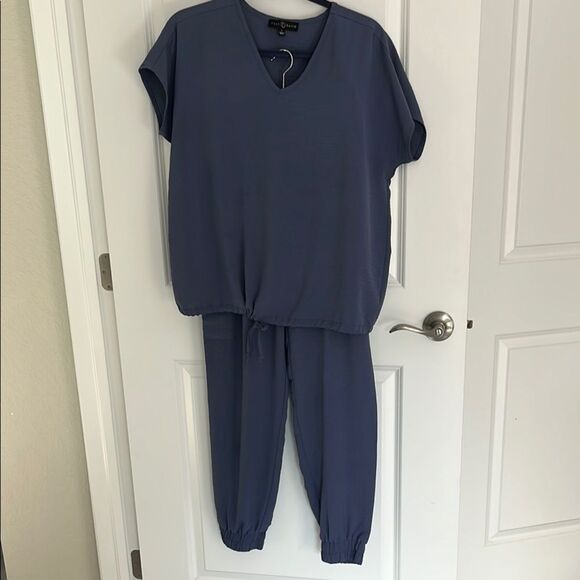 Fred David Dusty Blue V-Neck Top and Jogger / Lounge Set Drawstring Pockets - Picture 1 of 9